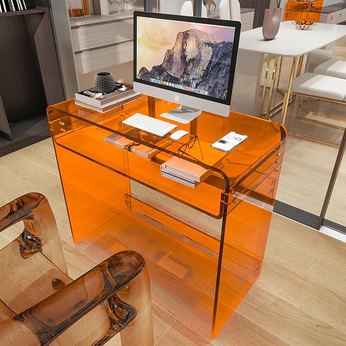 Acrylic Desk, Orange Table, Acrylic Console Table for Office, Study, Bedroom, Entrance Decor (15.5" D x 33.5" W x 29.3" H, Orange)