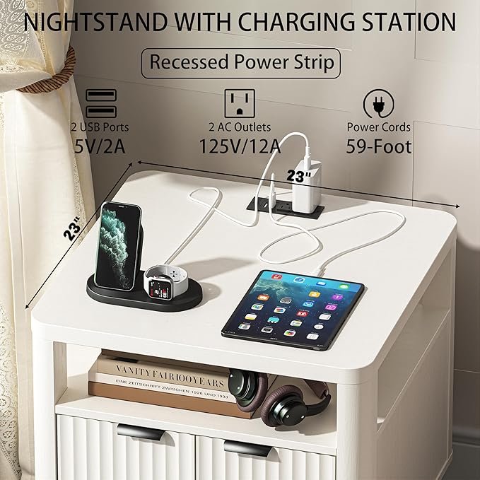 Nightstand Set of 2 with Charging Station, 24" End Table Side Table with Open Shelf, Modern Large Wood Fluted Bedside Cabinet for Bedroom, Living Room, White