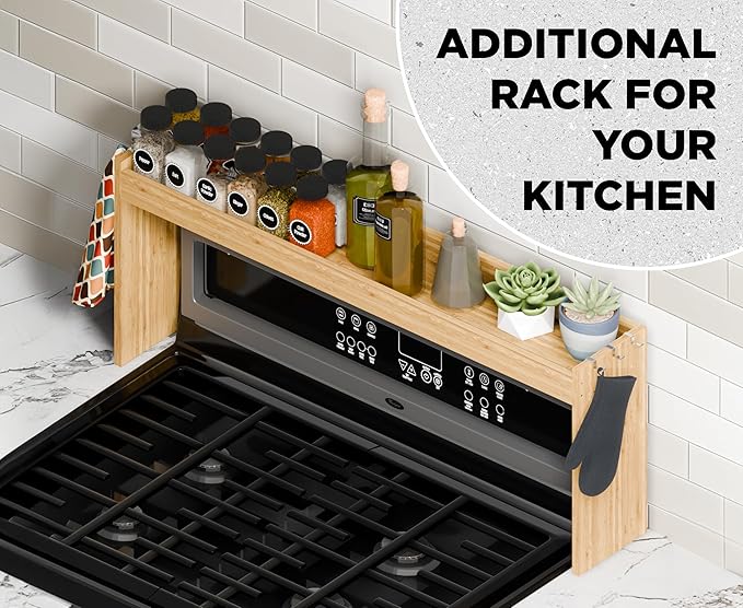 Edgecrest Bamboo Over The Stove or Sink Modern Spice Shelf, No Annoying Middle Screw, 31.5ā Wide Storage, 11.4ā High Countertop Shelf, 6 Side Hooks, Easy to Assemble, Eco-Friendly Durable Material