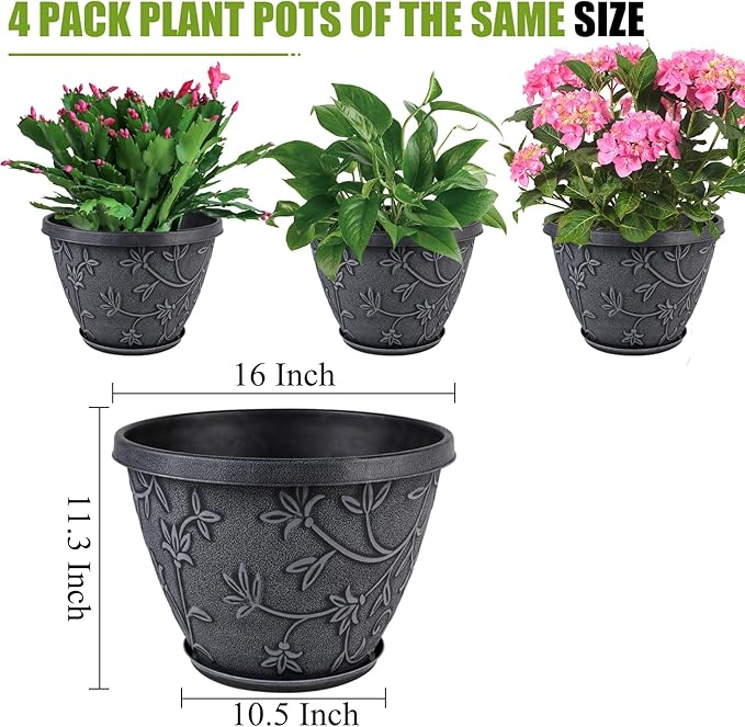 4 Pack 16 Inch Large Plant Pot for Outdoor, Plastic Flower Pot Indoor with Drainage Hole & Saucer, Modern Decorative Garden Pot, Imitation Magnolia Garden Pots for House Planters(Gray)