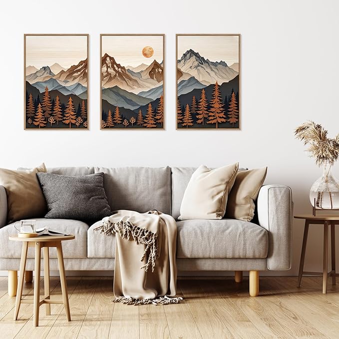 HLNIUC Large Boho Mountain Framed Canvas Wall Art Set,Woodcut Style Mountain Wall Decor,Vintage Forest Pine tree Art Prints,Nature Sunrise Landscape Wall Painting for Living Room,Bedroom - 16”x24”x3