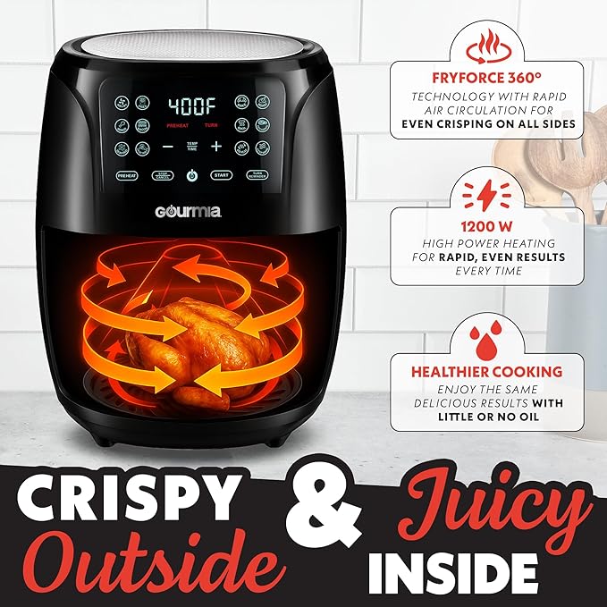 Gourmia Air Fryer 6 QT Digital – Guided Cooking with 12 One‑Touch Presets, FryForce 360 Large XL Basket, Touchscreen, Dishwasher‑Safe Accessories, Healthy No‑Oil Cooking GAF686