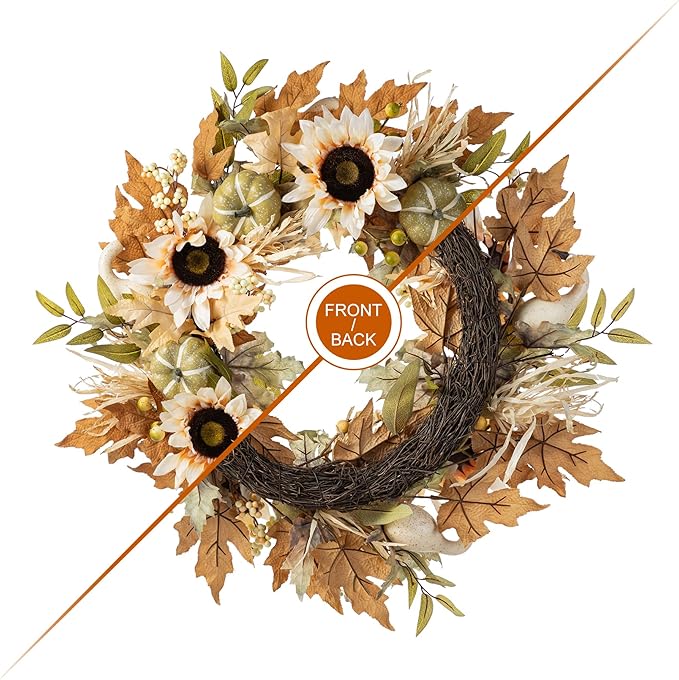 Glitzhome 24''D Artificial Fall Wreath for Front Door, Autumn Wreath with Sunflower, Pumpkin and Leaf, Metal Hanger for Farmhouse Indoor Outdoor Window Wall Door Decor