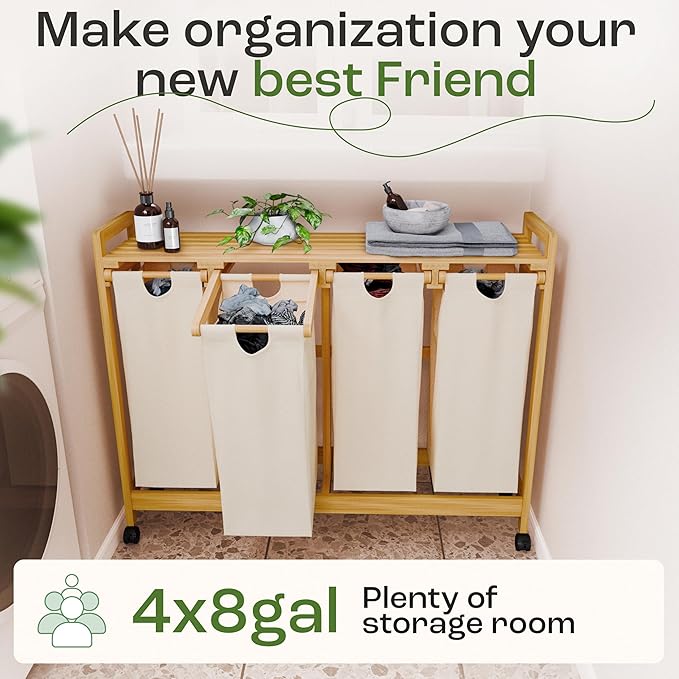 Laundry Sorter with 4 Sections beige, Hamper with Removable Cotton Bags & Wheels ā Perfect Laundry Organizer - Eco-Friendly Rolling Laundry Basket ā Durable Bamboo and Stylish Design