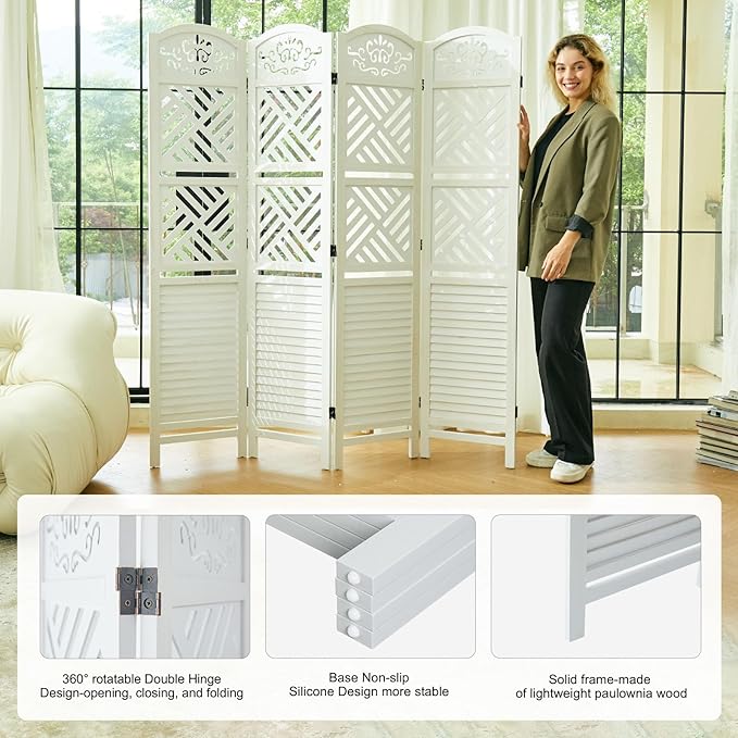 Room Divider with Shelves, 68.9inch Wood Carved and Louvered Wall Divider Freestanding, 4 Panels Folding Partition Screen for Bedroom Home Office (White)