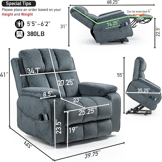 Lazy Boy Recliner Chair, Postoperative Recovery,Retractable 23'' Extra-Long Leg Support Lift Chair Hold up to 400lb,25.5'' Oversized Recliner seat for Big and Tall