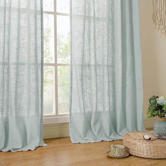 LAMIT Living Room Linen Curtains 90 Inch for Bedroom, Bronze Grommet Linen Textured Sheer Curtains Light Filtering Burlap Drapes for Farmhouse, 2 Panels, 52 x 90 Inch, Greyish Blue