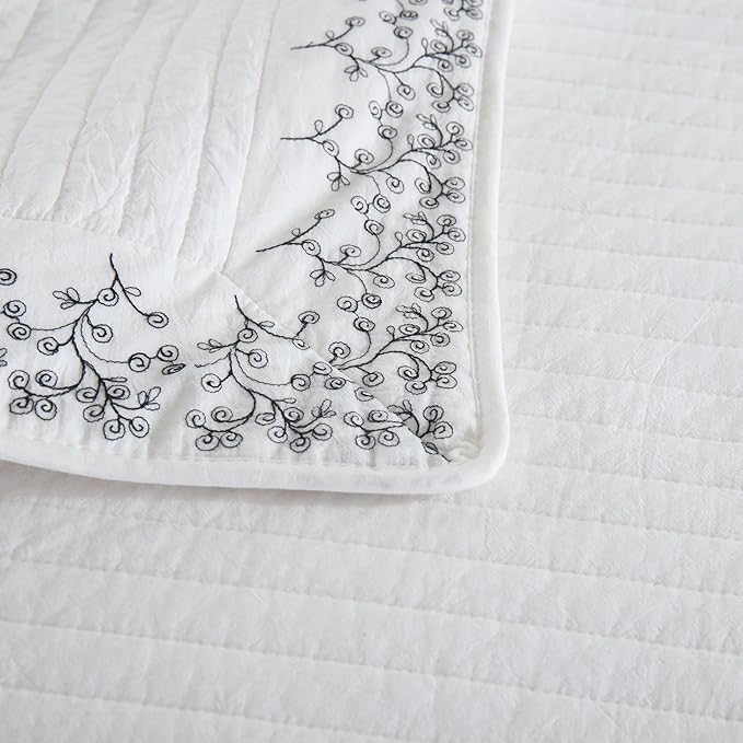 MarCielo 3-Piece 100% Cotton White Striped Quilt Set with Botanical Edge Embroidery TC(Sakura White,Queen (98" X 90"))