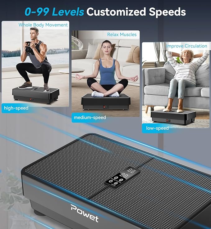 POWET Vibration Plate Exercise Machine for Weight Loss, Woukout & Lymphatic Drainage – Whole Body Vibrating with 99 Speed Levels & 5 Pre-Set Modes – Supports Up to 400lbs, Ideal for Home Use