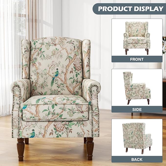 UIXE High Back Floral Accent Chair, Upholstered Armchair in Fabric for Living Room, Retro Printed Wingback Arm Chair Comfy Single Sofa Bedroom Reading Seat with Solid Wood Legs - Bird Pattern
