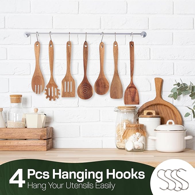 Wooden Spoons for Cooking Set of 10 - Cooking Utensils with Spoon Rest & Holder – Comfortable Grip & Easy to Clean - Wooden Spoon Set for Kitchen with four Hanging Hooks