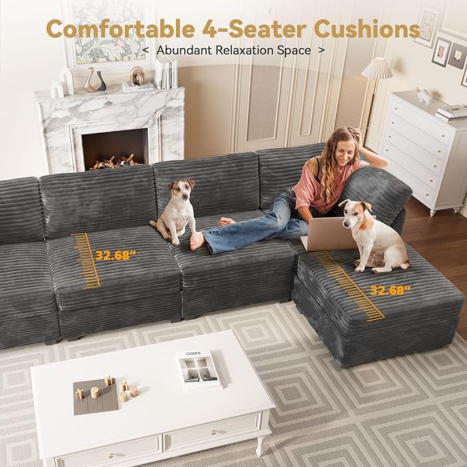 Modular Sectional Sofa, 130.7 Inch U Shaped Couch Set for Living Room, 4-Seater Comfy Cloud Couches with Two Movable Ottoman, Plush Corduroy, Gray