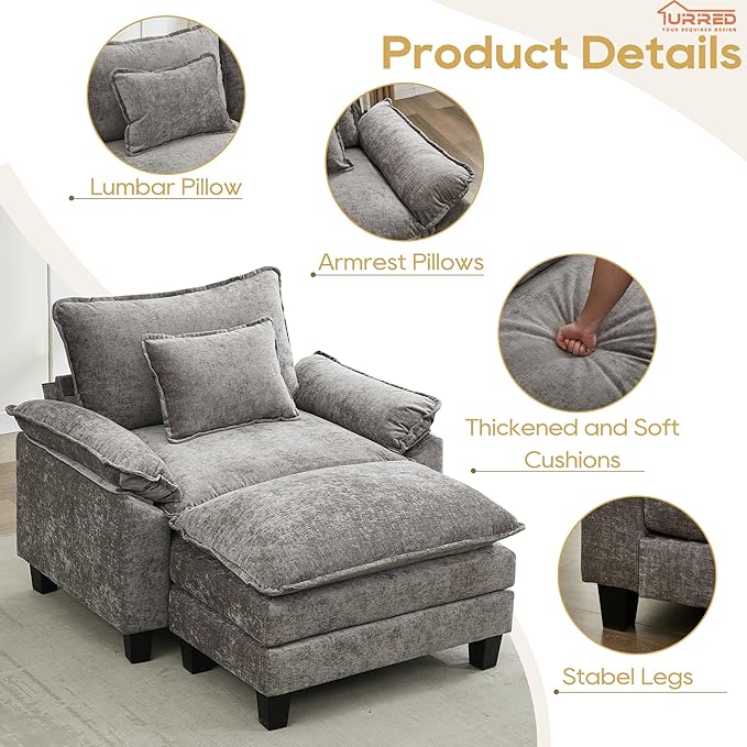 URRED Modular Sectional Sofa Comfy Cloud Couch, Modern Chenille Sofa Sleeper Deep Seat Couches with Ottoman/Pillows for Living Room (Gray, 53''- Ottoman)
