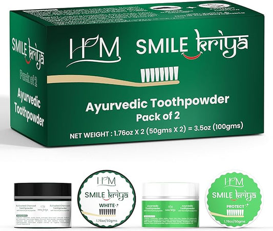 HM - Smile Kriya Ayurvedic Toothpowder Duo (Pack of 2) | Whitens Teeth Naturally, Remineralizes Enamel, Strengthens Gums & Freshens Breath | Activated Charcoal & NanoHydroxyapatite | 1.76 oz X 2