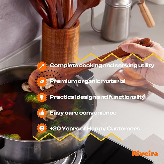 Riveira Set of 3 Dark Teak Spoons for Cooking - Wooden Kitchen Utensil Set - Non-Toxic Cooking Utensils - Wooden Spatula for Cooking - Teak Wood Utensils for Non-Stick Cookware