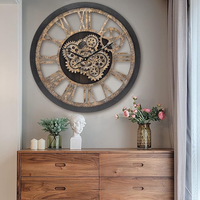 HOIBAI Large Wall Clock, Wall Clocks for Living Room Decor 20 Inch Farmhouse Vintage Rustic Kitchen Wall Decor Vintage Roman Oversized Wall Clock for Home Bedroom House Office, Moving Gears Clock