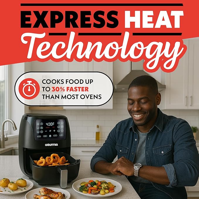 Gourmia Air Fryer 6 QT Digital – Guided Cooking with 12 One‑Touch Presets, FryForce 360 Large XL Basket, Touchscreen, Dishwasher‑Safe Accessories, Healthy No‑Oil Cooking GAF686