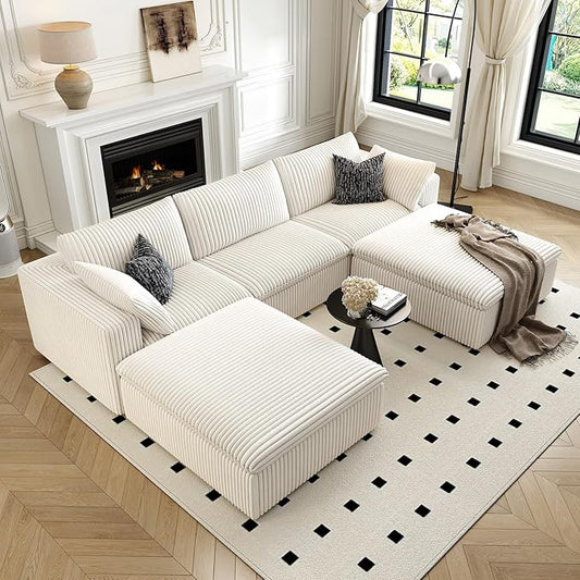 118" Cloud Couch Modular Sectional Sofa for Living Room,Modern Sofa with Deep Seat,U-Shape Boneless Couch with 2 Ottoman,Comfy Upholstered Corduroy Couches for Apartment, Studio, Office,Bedroom,White