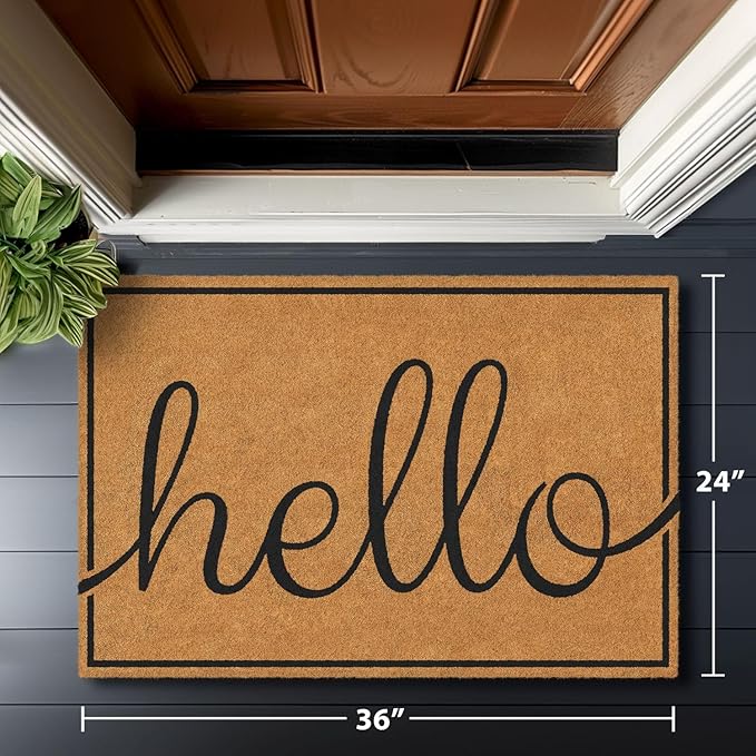 Barnyard Designs Natural Coco Coir Heavy Duty Backing Doormat - Large Cute Non-Slip Front Door Welcome Mat for Outside Entrance or Porch Entry, Brown (24x36, Hello)