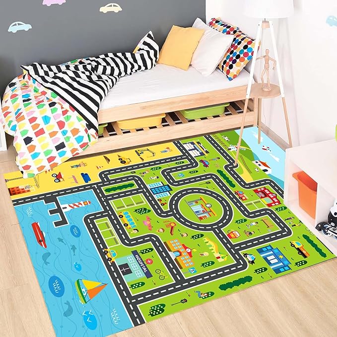 Kids Rug Playroom Car Rug Play Mat City Life Road Rugs Fun City Map for Kids Toy Cars,Carpet for Bedroom Boys (Green-Rug, 2.6x3.9ft)