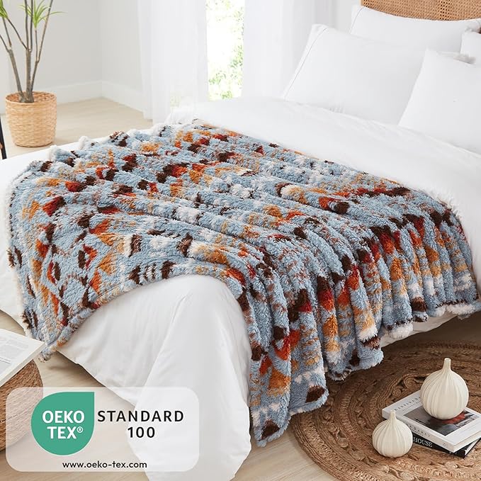 CASAAGUSTO Boho Sherpa Throw Blanket, Aztec Throw Blanket, Ultra Soft, Warm, Cozy, Plush, Thick Fleece Bohemian Blanket for Couch, Bed, Sofa (Blue Grey 50 * 60 Inch)