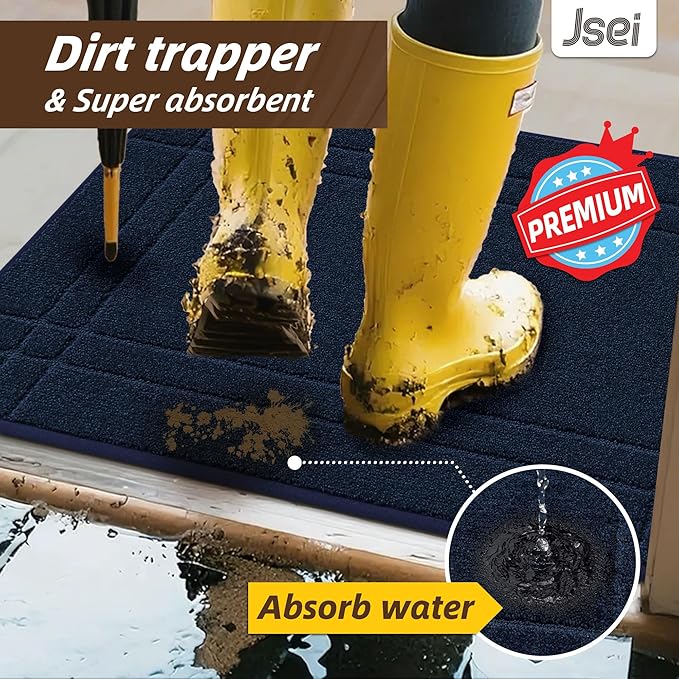 JSEI Entryway Rugs Doormat 20"x32", Non-Slip Dirt Trapper Door Mats Indoor, Washable Absorbent and Stain Resist Welcome Floor Mat for Front Door, Dog Door Mat, Muddy Wet Shoes & Paws, Navy Blue