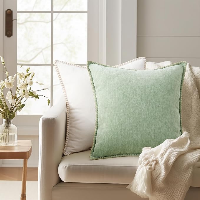 decorUhome Chenille Soft Throw Pillow Covers 18x18 Set of 2, Farmhouse Velvet Neutral Decorative Euro Pillow Covers with Stitched Edge for Couch Sofa Bed Home Decor, Sage Green