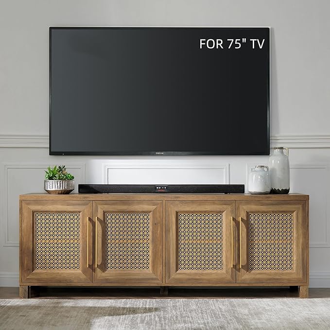 JYED Mid Century Modern TV Stand for TVs up to 75 Inch, with Hollow Metal Mesh Decorated,Boho TV Console with Storage Cabinet,Cable Holes, TV Stand for Living Room, 69.5"x15.6"x24.8", Rustic