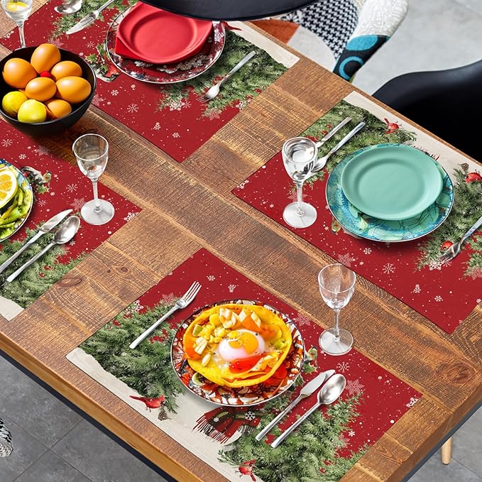 Snowman Christmas Red Placemats Set of 4 Xmas Tree Cardinal Snowflakes Linen Table Mats Seasonal Winter Holiday Place Mats Washable Placemat for Party Kitchen Dining Outdoor Indoor Decor