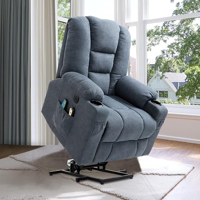 VIVIJASON Power Lift Chair Electric Recliner for Elderly Heated Vibration Massage Soft Fabric Recliner Chair with 2 Remote Controls, USB Ports, Side Pockets & Cup Holders for Living Room (Blue)