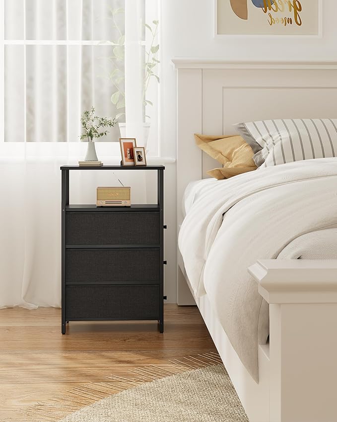TUTOTAK Narrow Night Stand, Slim End Table, Tall Side Table with 3 Fabric Drawer, Small Bedside Table with Storage, Set of 2, for Living Room, Bedroom, Black TB01BK072