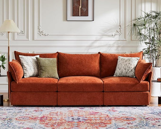 102.6" Modular Sectional Sofa, Oversized 3-Seater Terracotta Orange Couch with Removable Chenille Fabric Cover, Deep Seat & High Backrest for Living Room, Office & Apartment