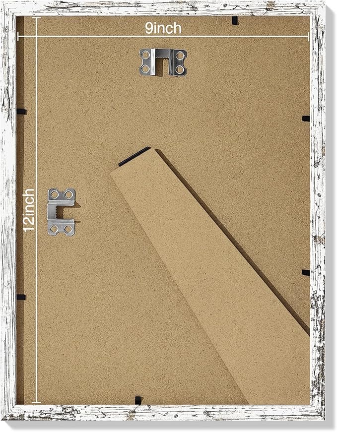 Vittanly 9x12 Picture Frames Set of 9, Shatter Resistant Plexiglass, Display 6x8 Pictures with Mat or 9x12 without Mat, Photo Frames for Wall or Tabletop, Engineered Wood, Distressed White