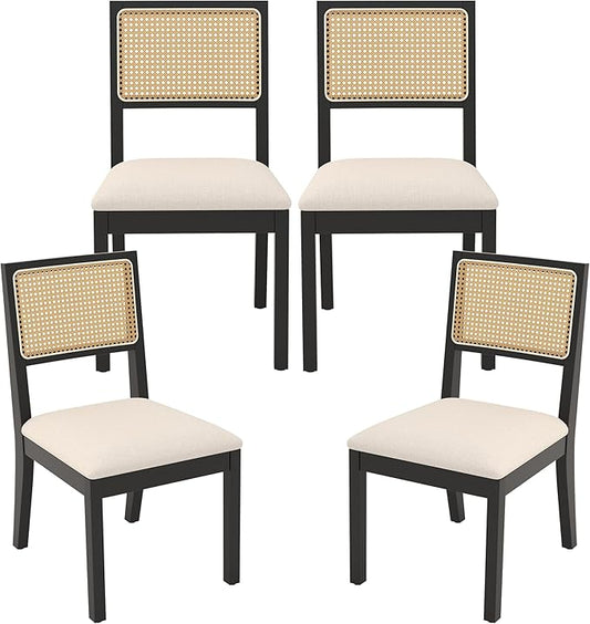 Westice Rattan Dining Chairs Set of 4, Farmhouse Natural Dining Room Chairs with Upholstered Cushion, Wood Armless Chairs for Kitchen/Restaurant, Black