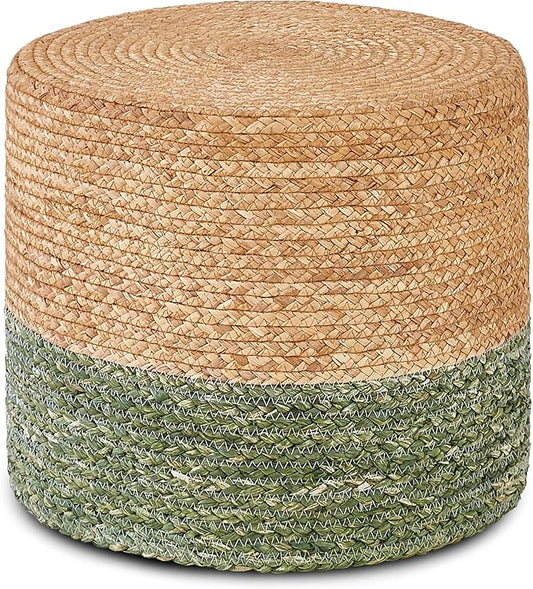 Wimarsbon 18'' Ottoman Pouf, Natural Braided Poof, Rustic Handweave Lounge Pouffe, Boho Footrest Stool for Bedroom, Accent Table for Living Room (Natural Water Hyacinth + Green Corn Husk)