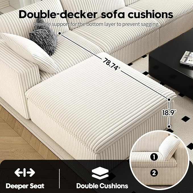 118" Cloud Couch Modular Sectional Sofa for Living Room,Modern Sofa with Deep Seat,U-Shape Boneless Couch with 2 Ottoman,Comfy Upholstered Corduroy Couches for Apartment, Studio, Office,Bedroom,White