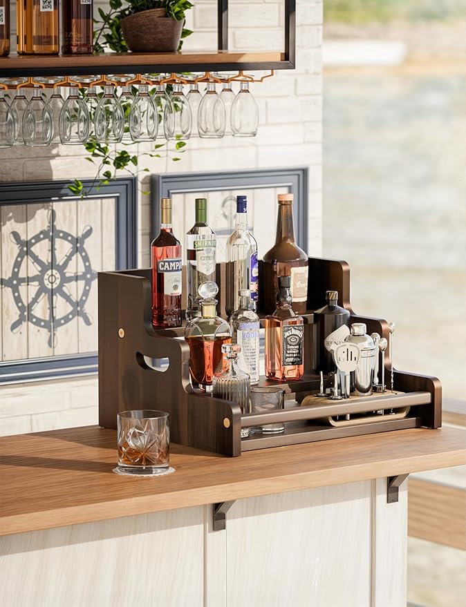 Tinamo Acacia Wood Liquor Bottle Display Shelf – 3-Tier Countertop Wine Rack, Bar Shelf – Whiskey Bar Stand for Home, Bottle Organizer for Countertop – Wine Holder with Handles (Walnut Color)