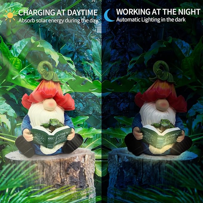 Garden Gnome Statue-Resin Gnome Figurine Hugging Turtle Reading Book with Solar LED Lights,Outdoor Summer Decorations for Patio Yard Lawn Porch,Garden Ornament Gift