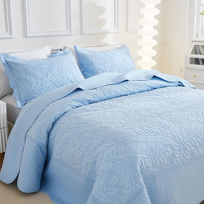 MarCielo 3-Piece 100% Cotton Oversized Bedspread Lightweight Quilt Coverlet Embroidery Farmhouse Bedding Set T0 (Light Blue, Oversized Queen (100"x106"))