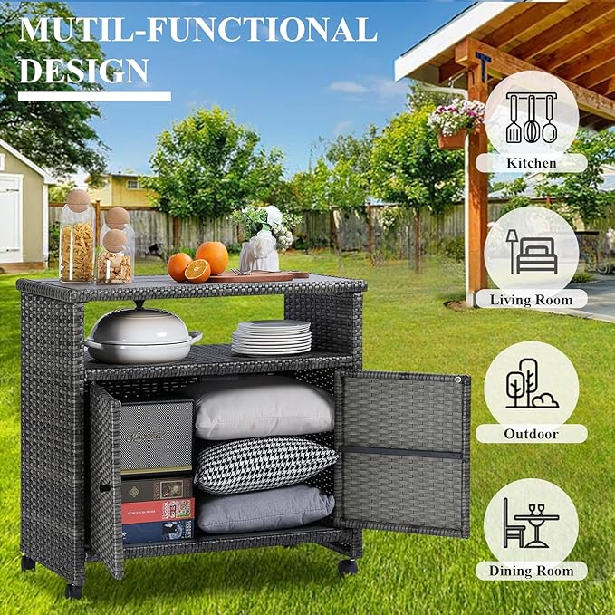 Outdoor Wicker Storage Cabinet,Patio Bar Table with Wheel, Outdoor Buffet Cabinet Movable, Garden Weather-Proof Bar Table/Cart for Indoor&Outdoor (Morden Gray)