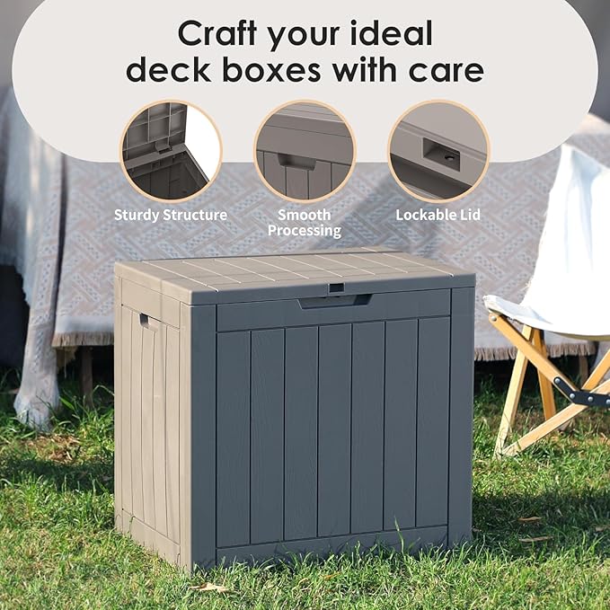 Vixzen 30 Gallon Resin Deck Box - Lockable Outdoor Storage for Patio Cushions, Garden Tools, Pool Supplies,Grey