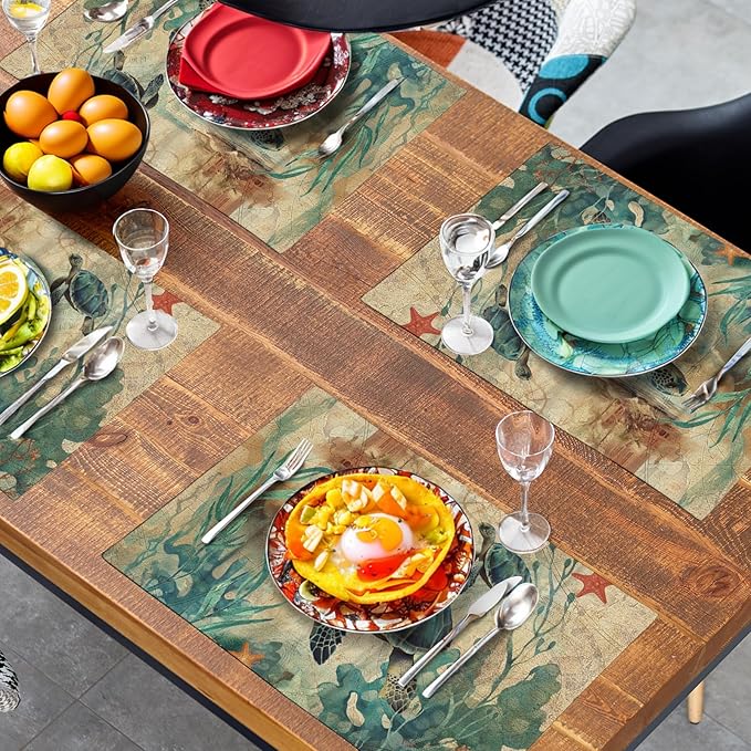 Sea Turtle Placemats Set of 4 Summer Beach Seasonal Linen Table Mats 12x18 Inch Vintage Ocean Animal Heat Resistant Washable Non-Slip Place Mats for Party Kitchen Dining Decoration