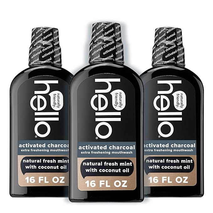 Hello Activated Charcoal Extra Freshening Mouthwash, Natural Fresh Mint and Coconut Oil, Fluoride Free, Alcohol Free, Vegan, SLS Free and Gluten Free, 16 Fl Oz (Pack of 3)