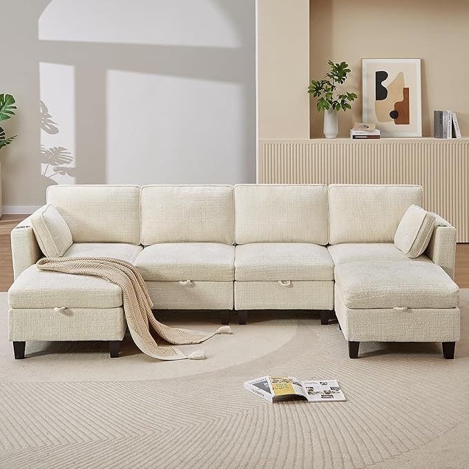 110" Modular Sectional Sofa, Convertible Sleeper Sofa Couch Bed with Adjustable Backrest, U-Shaped Chenille Cloud Couch with Ottoman Storage, Deep Seat Couches for Living Room,Beige