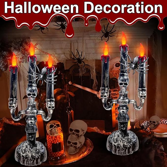 TURNMEON 2 Pack Halloween Candles Halloween Decorations LED Flame Less Candelabra 3-Flickering Lamp Light Up Battery Operated Candles Holder Spider Decor Indoor Table Home Haunted Party