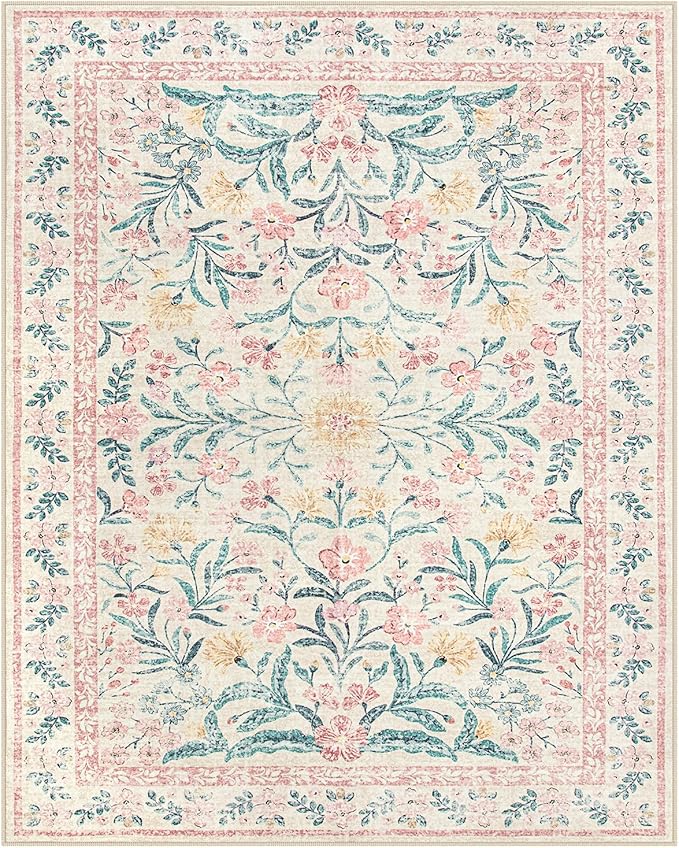Wonnitar 8 x 10 Area Rugs for Living Room, Boho Large Washable Bedroom Rug 8x10, Soft Pink Floral Carpet Non Slip, Low Pile Indoor Carpet for Girls Room Playroom Nursery