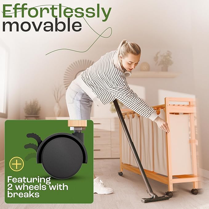 Laundry Sorter with 4 Sections beige, Hamper with Removable Cotton Bags & Wheels ā Perfect Laundry Organizer - Eco-Friendly Rolling Laundry Basket ā Durable Bamboo and Stylish Design