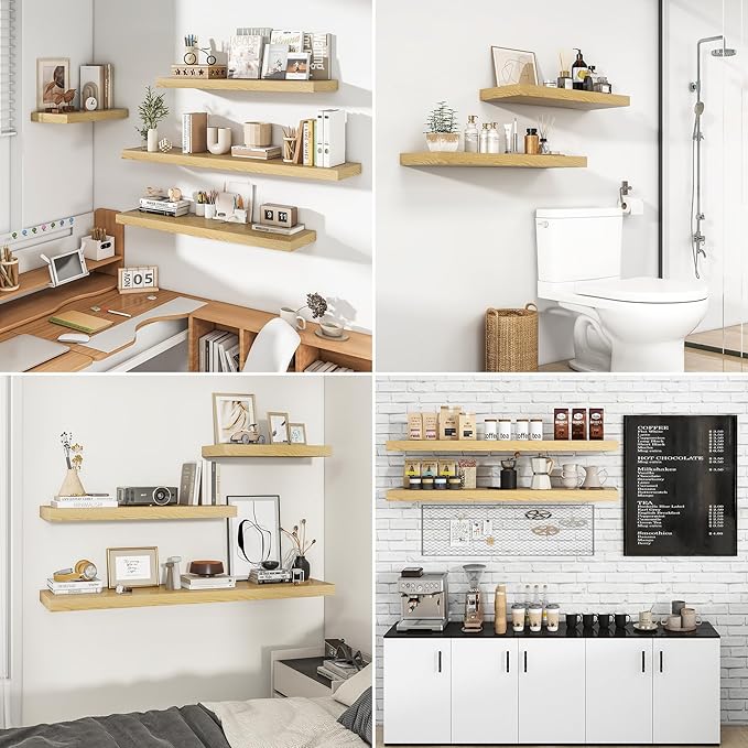 RICHFOCUS 24Inch Floating Shelves for Wall 2 Pack Shelves for Bedroom|Kitchen|Bathroom Wall Mounted Rustic Wood Floating Shelf with Invisible Brackets for Books|Storage|Decor, Oak