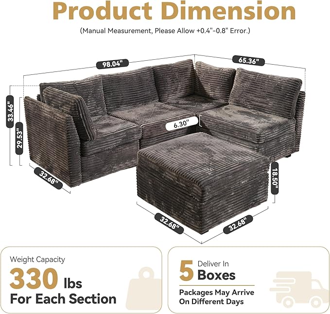 Modular Sectional Sofa, 130.7" L Shaped Couch Set for Living Room, 4-Seater Comfy Cloud Couches with Movable Ottoman, DIY Combination, Plush Corduroy, Gray