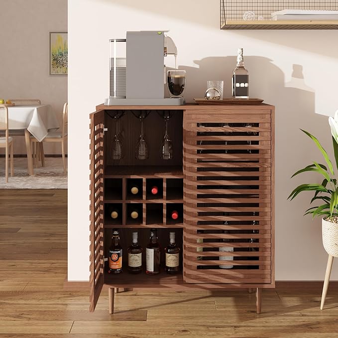 Mid Century Bar Cabinet with Wine Racks, Modern Liquor Cabinet with Slatted Doors for Dining Room, Living Room (Walnut Color)